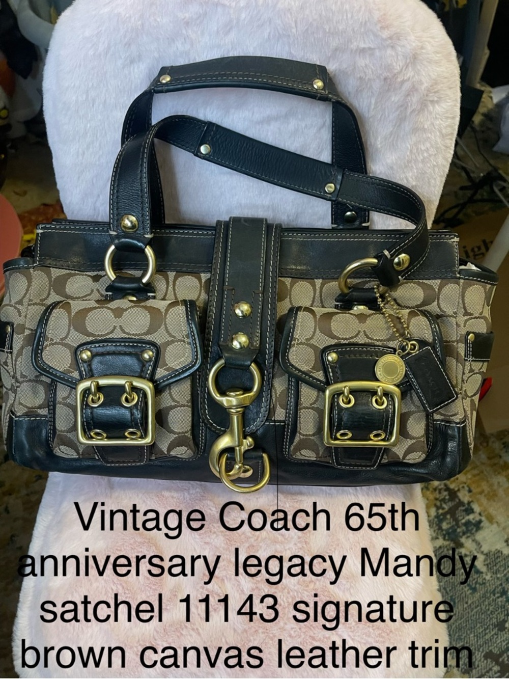 Coach Brown Canvas and Black Leather Satchel with Gold Hardware